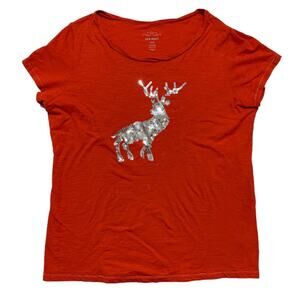 OLD NAVY Bright Red Short Sleeve T-Shirt Silver Sequins Deer Large